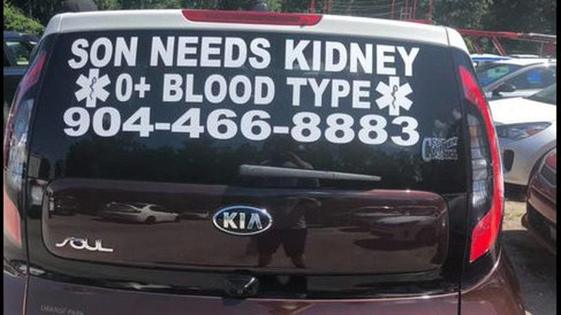 A Florida woman hopes an advertisement on her car will help her son find a match for a kidney transplant.