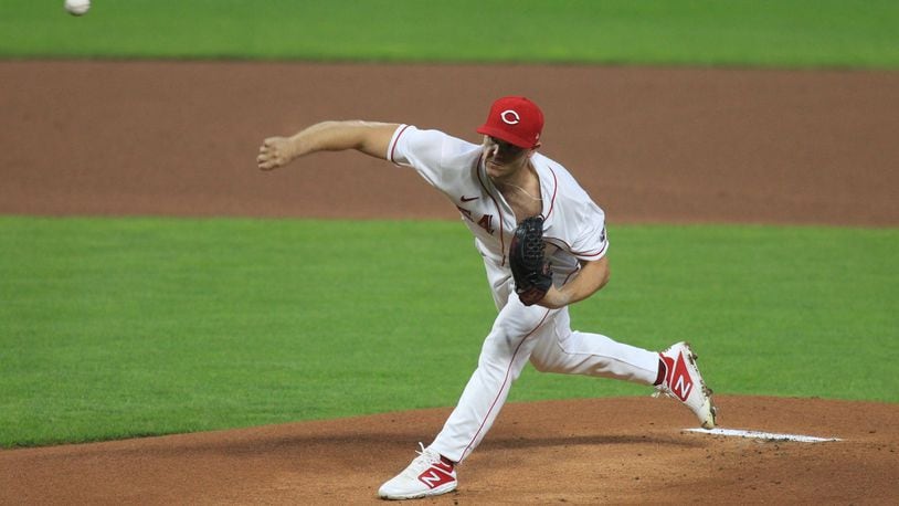 Reds starter Sonny Gray pitches against the Indians on Monday, Aug. 3, 2020, at Great American Ball Park in Cincinnati.