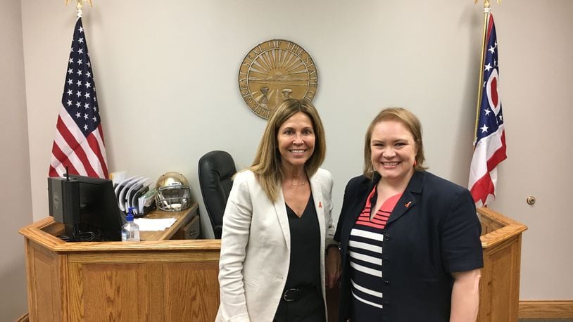 Greene County Domestic Relations Judge Cynthia Martin (left) and Magistrate Kimberly Stump Combs stand in the new neutral evaluation program court room. STAFF/BONNIE MEIBERS