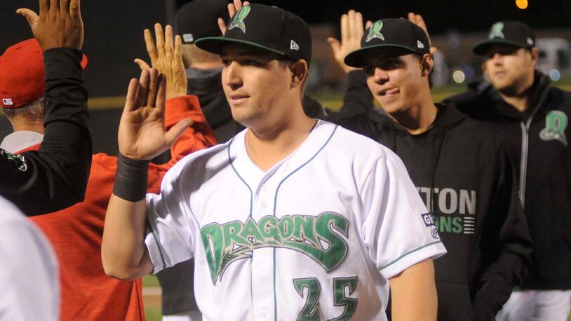 Dragons first baseman James Vasquez had two home runs. The Dragons (Reds) defeated the Great Lakes Loons (Dodgers) 9-1 in a Midwest League Class A minor-league baseball at Dayton’s Fifth Third Field on Thursday, April 27, 2017. MARC PENDLETON / STAFF