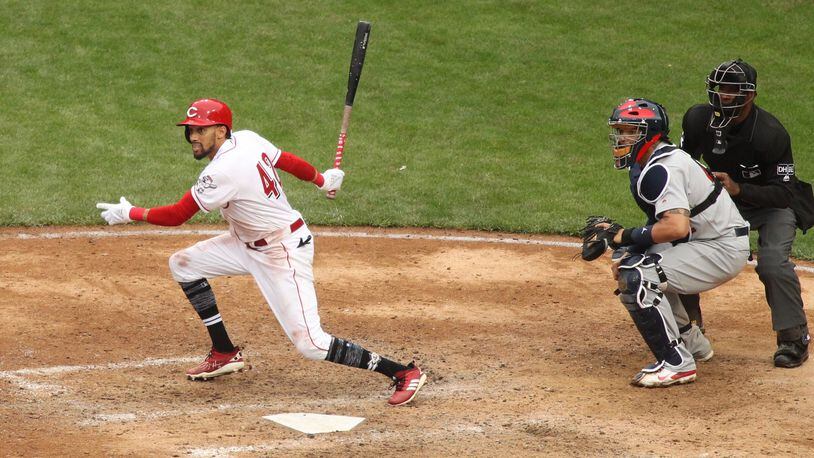The Reds’ Billy Hamilton lines out to end a game against the Cardinals on Sunday, April 15, 2018, at Great American Ball Park in Cincinnati. David Jablonski/Staff