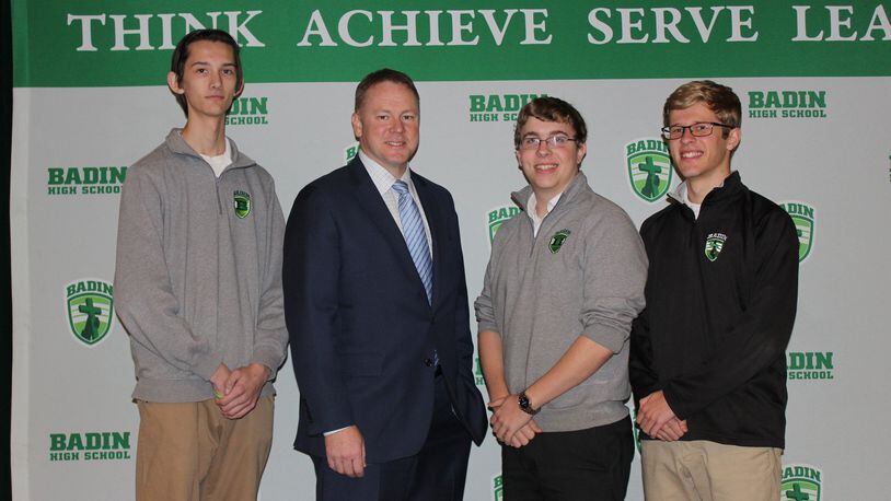 U.S. Rep. Warren Davidson (R-Troy) honored three Badin High School seniors during a technology assembly Dec. 4 at the school. Those recognized by the congressman for winning an 8th Congressional District iPhone app contest were (from left) Nick Eyl, Jon Moran and Jacob Waggoner. CONTRIBUTED