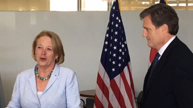 U.S. Rep. Nikki Tsongas, D-Mass., (at podium) and U.S. Rep. Mike Turner, R-Dayton, at a press conference in Dayton in August 2016. BARRIE BARBER/STAFF
