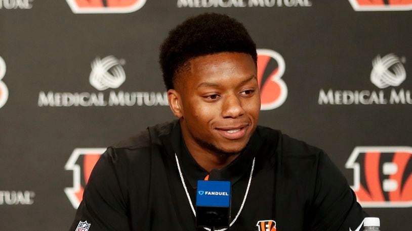 Cincinnati Bengals second-round draft pick Joe Mixon is interviewed during a news conference at Paul Brown Stadium, Saturday, April 29, 2017, in Cincinnati. The former Oklahoma running back was selected as the 48th overall pick. (AP Photo/John Minchillo)