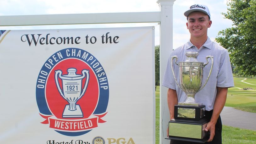 Jordan Gilkison poses with the Ohio Open championship trophy on Wednesday, June 29, 2022, at Westfield Country Club. Photo courtesy of Northern Ohio PGA