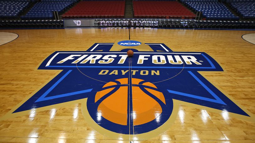 The floor, backbooards and hoops are ready for the NCAA First Four games a UD Arena in 2017. TY GREENLEES / STAFF
