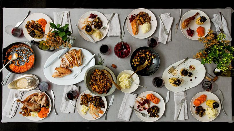 A hearty Thanksgiving meal for eight, in New York, Oct. 31, 2015. On the menu: simple roast turkey, whole-roasted stuffed delicata squash, garlic mashed potatoes, two way stuffing with mushrooms and bacon, cranberry sauce with chilies, brussels sprouts with pancetta, make-ahead gravy and Harvey House candied sweet potatoes.