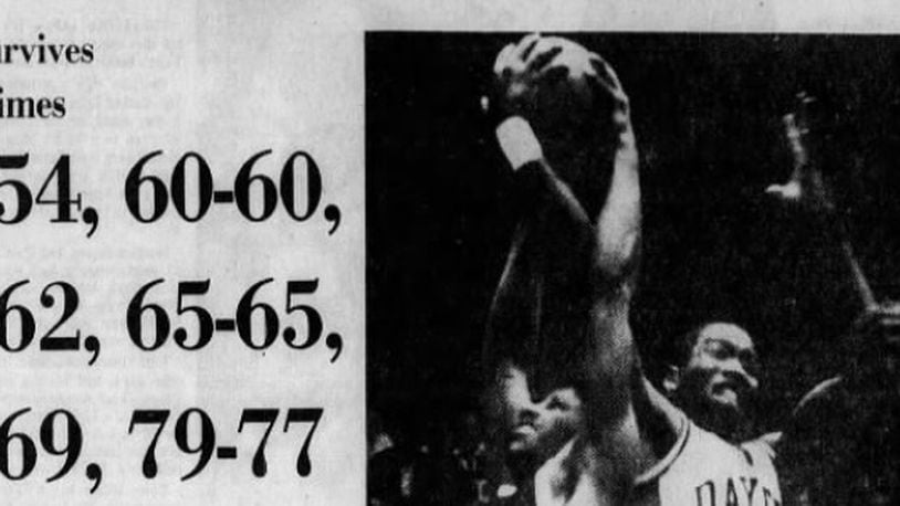 Front of the Dayton Daily News sports section on Jan. 29, 1982, featuring Dayton's five-overtime victory against Providence.