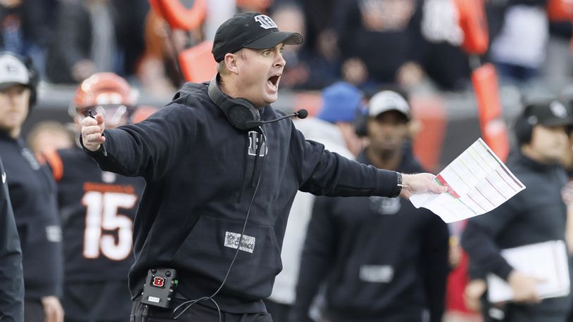 Cincinnati Bengals head coach Zac Taylor protests after an incomplete pass attempt to wide receiver Tee Higgins (5) during overtime of an NFL football game against the Minnesota Vikings Saturday, Dec. 16, 2023, in Cincinnati. (AP Photo/Jay LaPrete)