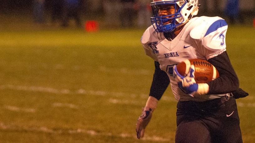 Xenia running back Kevin Johnson scored three first-half touchdowns to lead Xenia past Fairborn on Oct. 31, 2019, in Fairborn. Jeff Gilbert/CONTRIBUTED