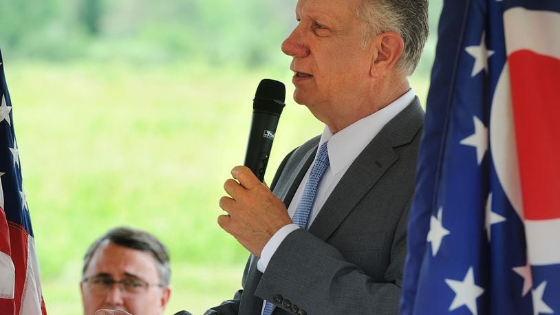 The superintendent of Fairborn City Schools, Gene Lolli, thanked taxpayers during the groundbreaking ceremony for the new Fairborn High School on Monday, June 7, 2021. MARSHALL GORBY\STAFF