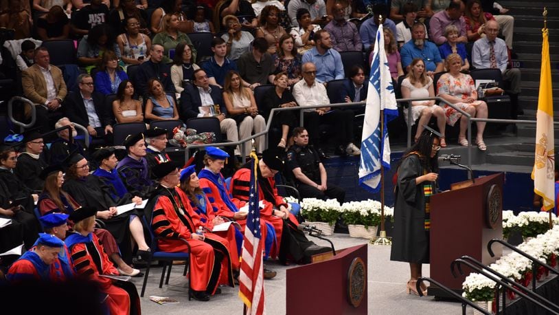 Rihanna Domingos, the student speaker at the University of Dayton's 2024 undergraduate commencement on Sunday, May 5, 2024, at UD Arena. SAM WILDOW\STAFF