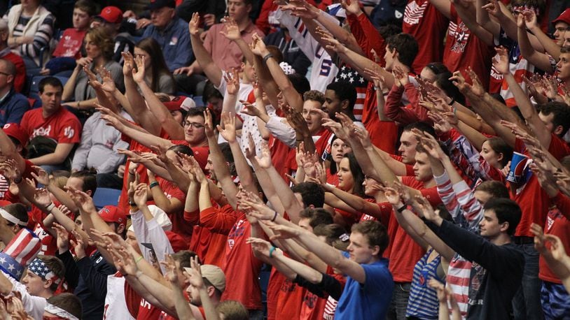Dayton fans cheer during a game against George Mason in 2017 at UD Arena.
