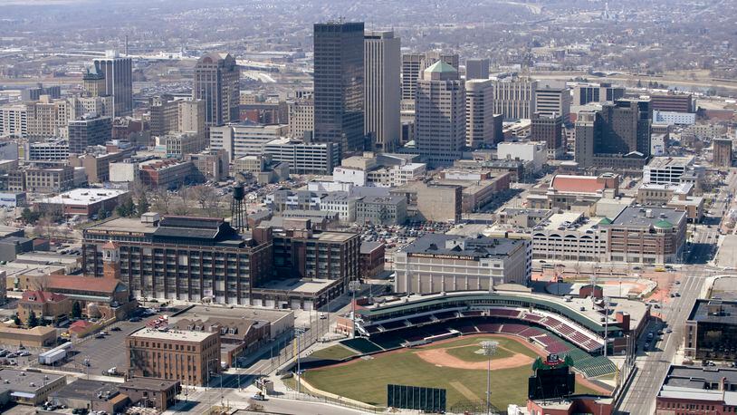 An aerial shot of downtown Dayton and Fifth Third Field looking west from 2005. TY GREENLEES/STAFF