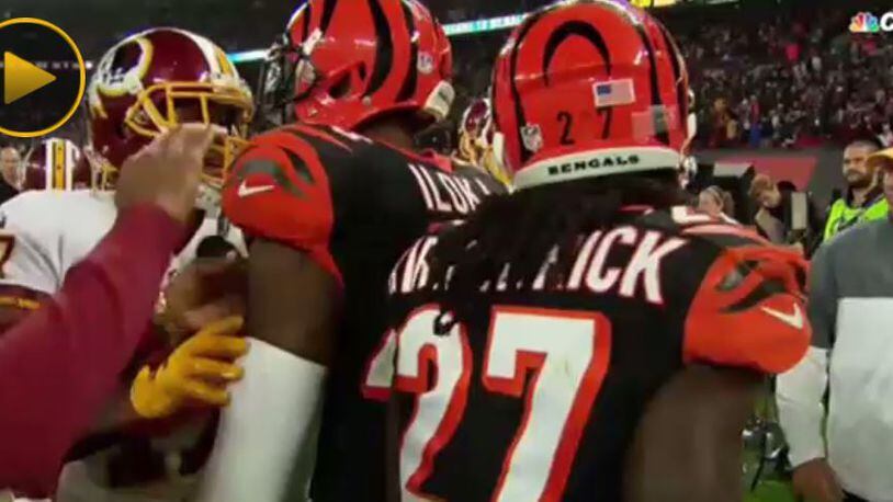 Members of the Cincinnati Bengals and Washington Redskins exchange words and shoves after Sunday’s 27-27 tie.