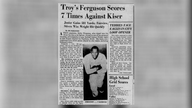A Dayton Daily News story featuring an impressive game from Troy running back Bob Ferguson on Sept. 15, 1956.