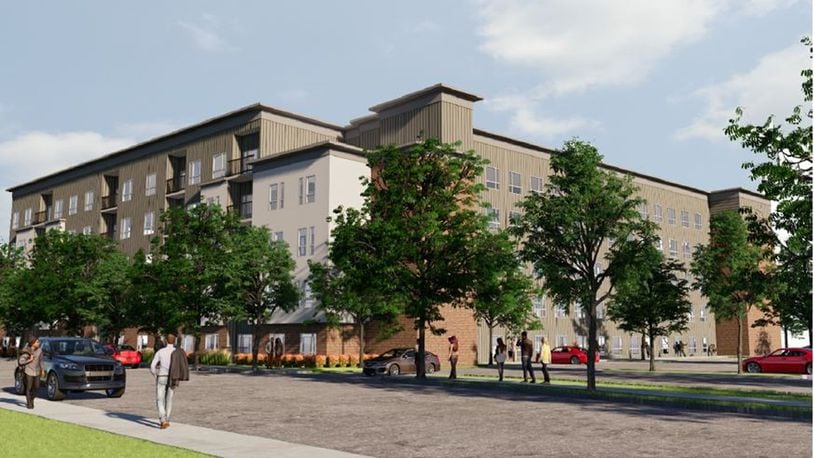 An artist rendering of the proposed Flight apartment project at 258 Wyoming St. About 222 new apartments are planned for the former Patterson-Kennedy school site, which is near the University of Dayton campus. CONTRIBUTED