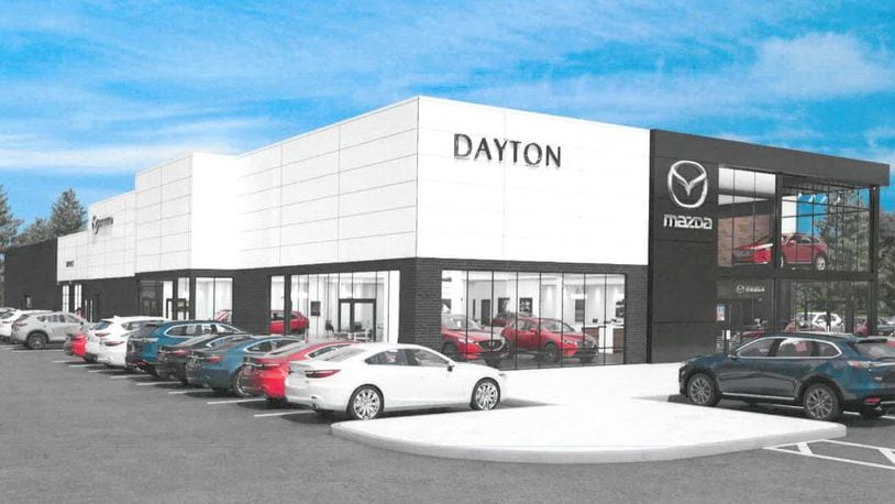 A digital illustration of a Mazda dealership planned to replace the former Danbarry Cinemas in Miami Twp. CONTRIBUTED