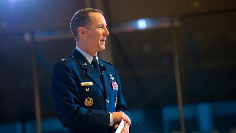 Col. Douglas Wickert gives remarks during the investiture ceremony on Dec. 6, 2019 in Polaris Hall at the U.S. Air Force Academy in Colorado Springs, Colorado. (U.S. Air Force photo/Trevor Cokley)