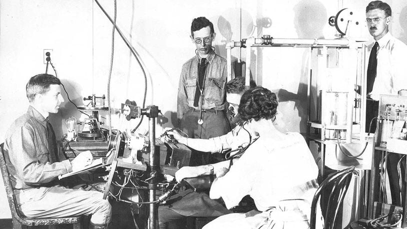 In this photo from the early 1920s, researchers conduct an altitude classification test at the Medical Research Laboratory and School for Flight Surgeons, what would eventually become the United States Air Force School of Aerospace Medicine. In 2018, the school celebrates its 100th year. (Archive photo)