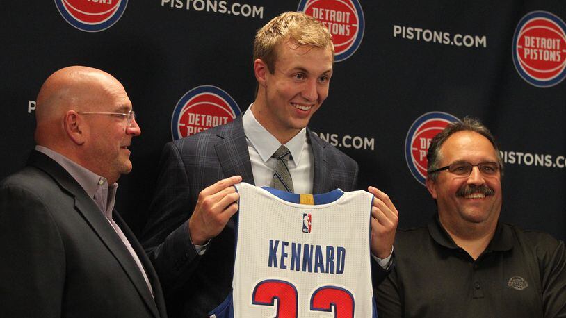 Luke Kennard, center, poses with Pistons General Manager Jeff Bower, left, and head coach Stan Van Gundy on Friday, June 23, 2017, in Detroit.