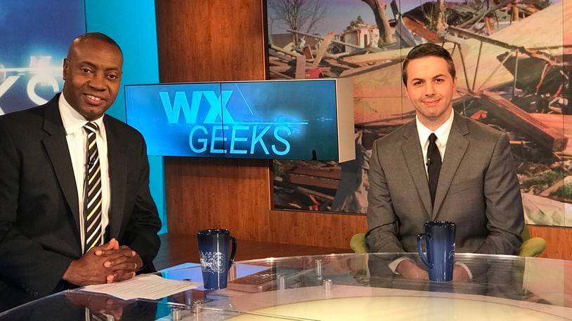 Marshall Shepherd, left, on the set of the Weather Channel with Bryan Wood, right, a meteorologist with Assurant, one of Springfield’s biggest employers. Contributed photo.