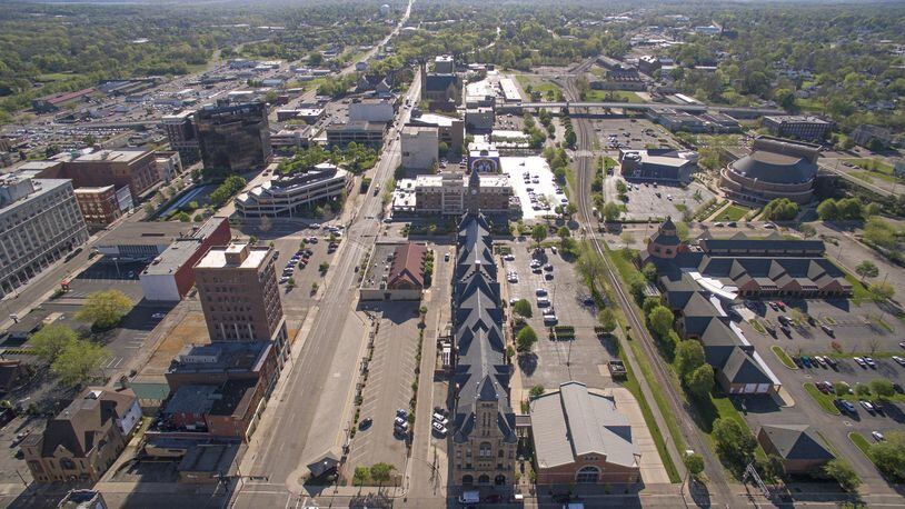 An aerial view of downtown Springfield looking east in April of 2017. TY GREENLEES/STAFF
