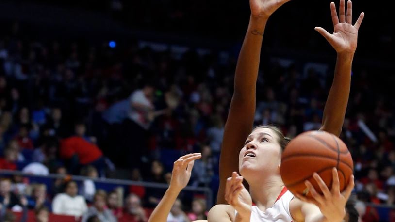 Dayton’s Kelley Austria pushes her way inside as the Flyers hosted Yale in 2015. Ty Greenlees/Staff