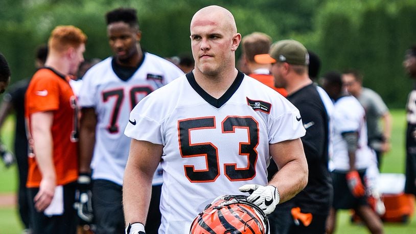 Bengals’ rookie center Billy Price walks on the field during organized team activities Tuesday, May 22 at the practice facility near Paul Brown Stadium in Cincinnati. NICK GRAHAM/STAFF
