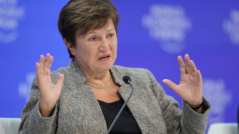 FILE - Kristalina Georgieva, Managing Director of the International Monetary Fund, IMF, speaks in Davos, Switzerland, Jan. 17, 2024. During a IMF and World Bank meeting Thursday, April 18, 2024, Georgieva said the world economy has proven surprisingly resilient in the face of higher interest rates and the shock of war in Ukraine and Gaza, but "there is plenty to worry about,'' including stubborn inflation and rising levels of government debt. (AP Photo/Markus Schreiber, File)