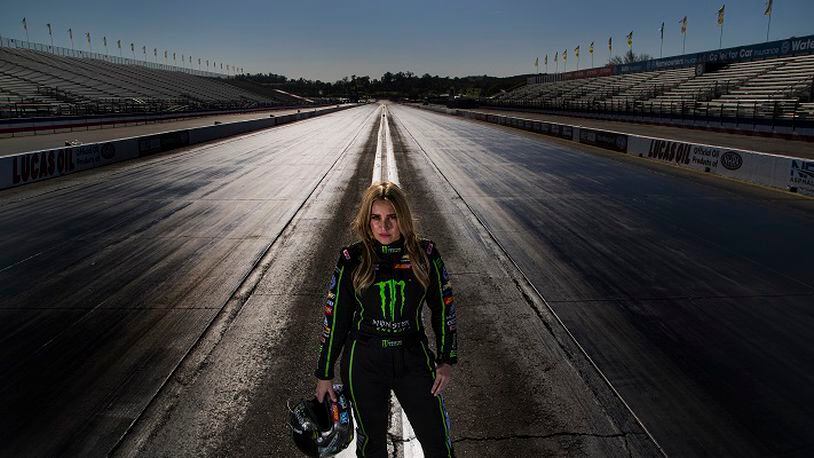 Brittany Force stands on the track where she will be competing in the Winter Nationals at the Fairplex starting on February 9, 2018, in Pomona, Calif. (Gina Ferazzi/Los Angeles Times/TNS)