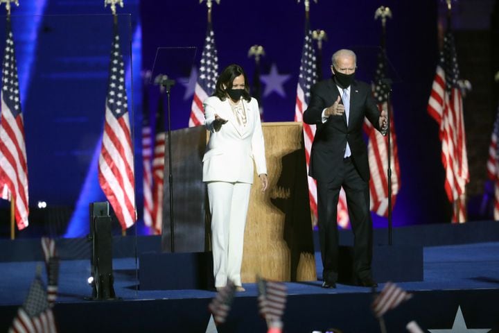 President-elect Joe Biden joins Vice President-elect Kamala Harris onstage in Wilmington, Del., on Saturday night, Nov. 7, 2020. (Amr Alfiky/The New York Times)