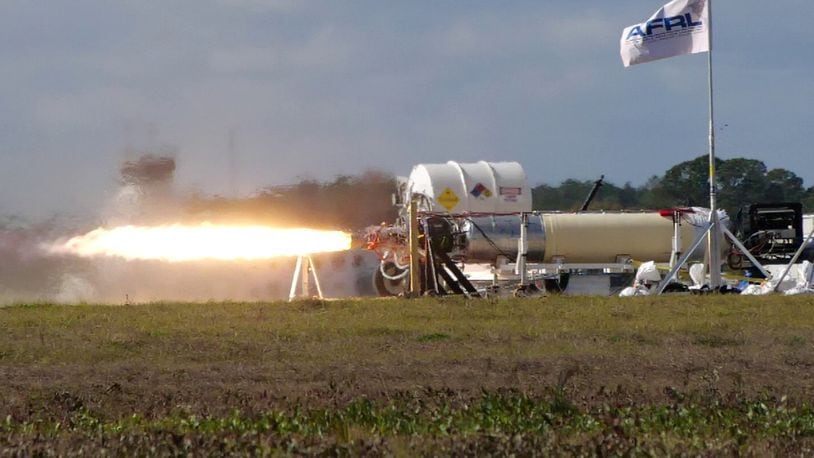 A recent X-60A hot fire test is conducted at Cecil Spaceport in Jacksonville, Fla. The X-60A, developed through an Air Force Research Laboratory Small Business Innovation Research contract, is an air-launched rocket designed for hypersonic flight research. (U.S. Air Force photo)