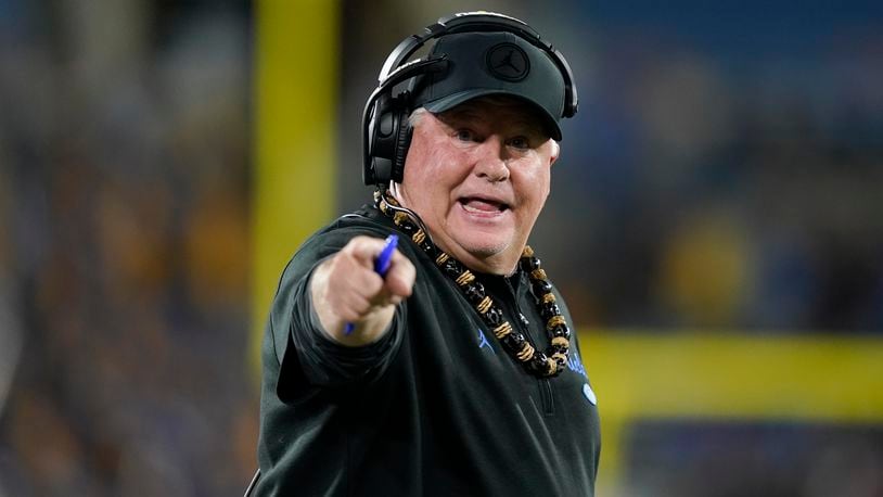 UCLA coach Chip Kelly gestures during the first half of the team's NCAA college football game against California, Saturday, Nov. 25, 2023, in Pasadena, Calif. (AP Photo/Ryan Sun)