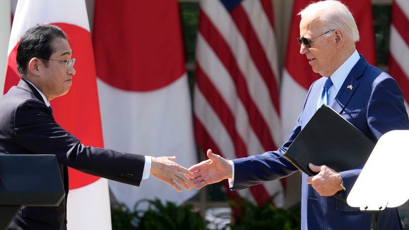 President Joe Biden and Japanese Prime Minister Fumio Kishida shake hands after holding a joint news conference in the Rose Garden of the White House, Wednesday, April 10, 2024, in Washington. (AP Photo/Alex Brandon)