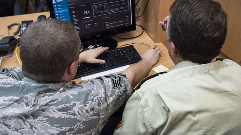 An U.S. Cyber Command Airman and a member of the Ministry of Defense of Montenegro, review simulated cyber threat information during Defensive Cooperation at Podgorica, Montenegro, Sept. 28, 2018. Defensive Cyber cooperation is part of U.S. Cyber Command and U.S. European Command effort to support NATO allies and European partners by helping build their cyber defense capabilities. This collaboration builds cyber defense capabilities while enabling the teams to learn from one another and demonstrates that we will not tolerate foreign malign influence on the democratic processes of our allies and partners or in the U.S. (U.S. Army photo/Spc. Craig Jensen)