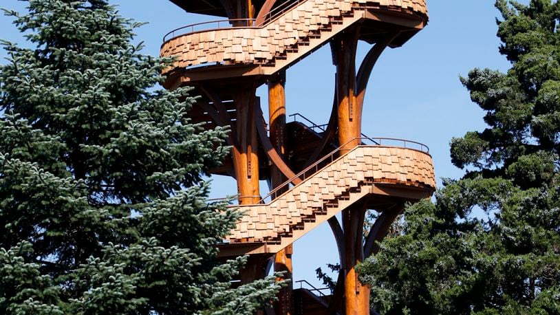 The Tree Tower at Cox Arboretum MetroPark in Miami Twp. is closed now because of safety concerns. The observation tower, which rises 46 feet above the ground, was designed by Belgian landscape architect Francois Goffinet. The original groundbreaking took place on Nov. 30, 2011. STAFF PHOTO BY LISA POWELL
