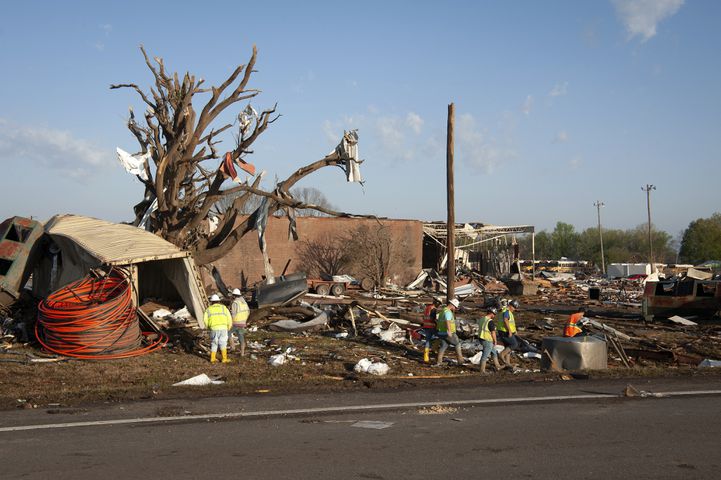 Extensive storm damage in Rolling Fork, Miss., where witnesses said the main commercial strip had been devastated and the National Weather Service confirmed that a tornado had touched down, on March 25, 2023. (Rory Doyle /The New York Times)