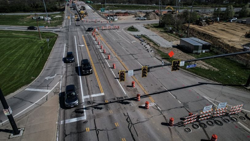 Drivers can expect delays in both direction on Woodman Drive to Burkhardt Road because of a $10.3 million project. The work is part of the multi-phase U.S. 35 improvements. This is an aerial photo of the Woodman Linden interchange looking north. JIM NOELKER/STAFF