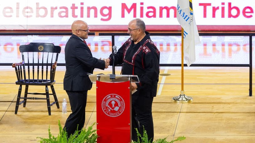 There are actually two Miamis – the university and the Native American tribe it’s named after – and their leaders joined together this week to celebrate their unique relationship of half a century. Miami University President Gregory Crawford (left) and Miami Tribe of Oklahoma Chief Douglas Lankford headlined “The Two Miamis: 50th Anniversary Celebration” at Millett Hall spotlighting historical and current-day ties. (Provided Photo\Journal-News)