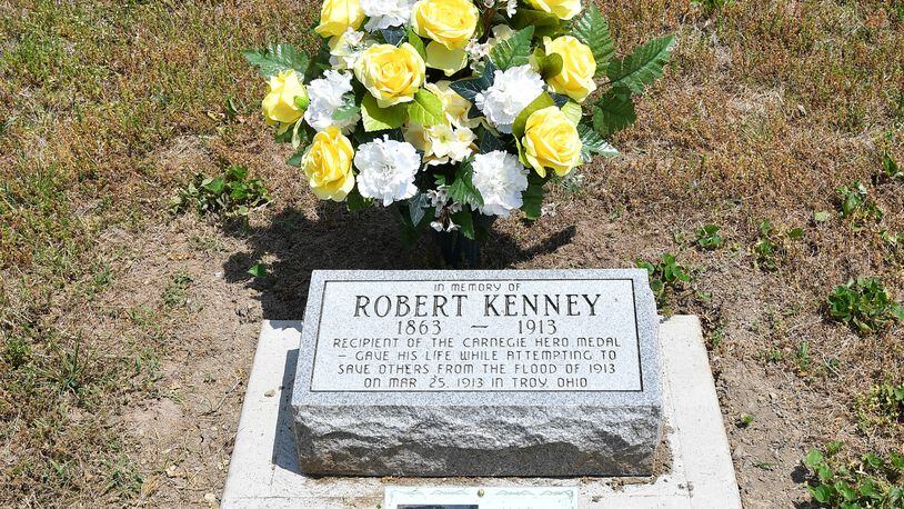 This is the gravesite at Troy's Riverside Cemetery of marker for Robert Kenney, Carnegie Medal recipient for attempts to save others in 1913 Flood in Troy.