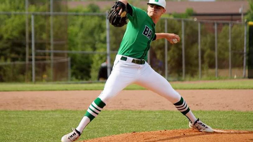 Badin High School pitcher Spencer Giesting is about to send a pitch toward the plate Tuesday, May 21, during a Division I district baseball semifinal against La Salle at Lakota East. Badin won 2-1. PHOTO BY TERRI ADAMS PHOTOGRAPHY