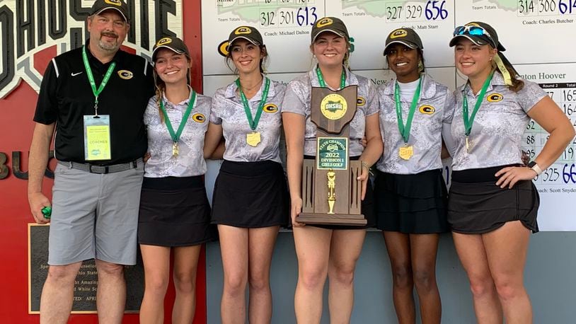 Centerville girls golf coach Mike Dalton and players (left to right) Morgan Rodgers, Brigid Nickell, Leeann Harker, Sanjana Reddy and Alana Miller with the Division I state championship trophy. CONTRIBUTED