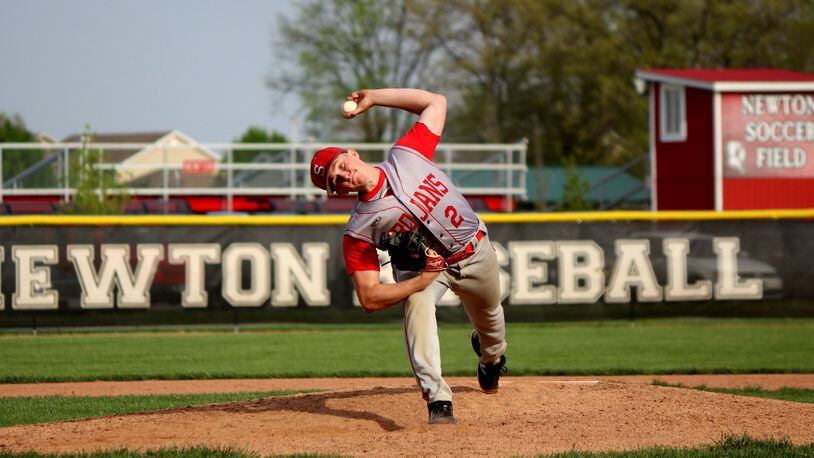 Southeastern senior pitcher Wesley Earles struck out 11, walked four and finished with a two-hit shutout in the Trojans’ 1-0 victory over top-seeded Newton in the Division IV sectional baseball tournament Wednesday. Greg Billing / Contributed