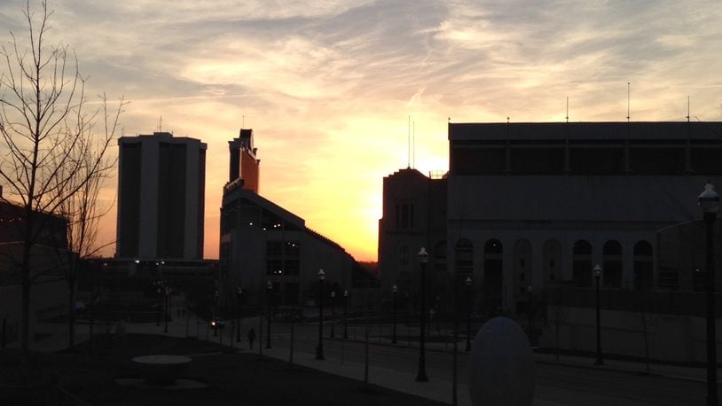 The sun sets at Ohio Stadium on a spring day in Columbus, Ohio.