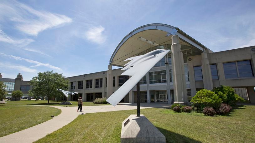 Models of Air Force aircraft, like this B-2 Spirit, adorn the courtyards of management offices on Area B for the Fighters and Bombers Directorate, Air Force Life Cycle Management Center at Wright-Patterson Air Force Base, the state’s biggest single-site employer. TY GREENLEES / STAFF
