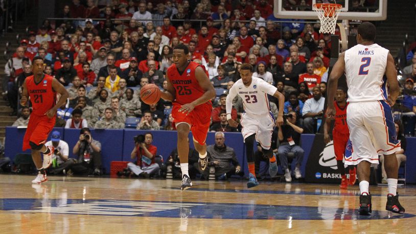Dayton forward Kendall Pollard dribbles the ball up the floor in the second half against Boise State in the First Four on Wednesday, March 17, 2015, at UD Arena. David Jablonski/Staff