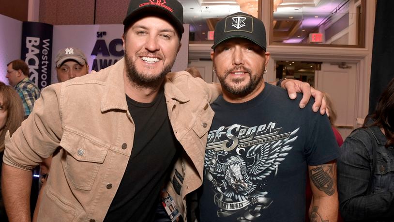 LAS VEGAS, NEVADA - APRIL 05: (L-R) Luke Bryan and Jason Aldean attend the 54th Academy Of Country Music Awards Cumulus/Westwood One Radio Remotes on April 05, 2019 in Las Vegas, Nevada. (Photo by Frazer Harrison/Getty Images for ACM)