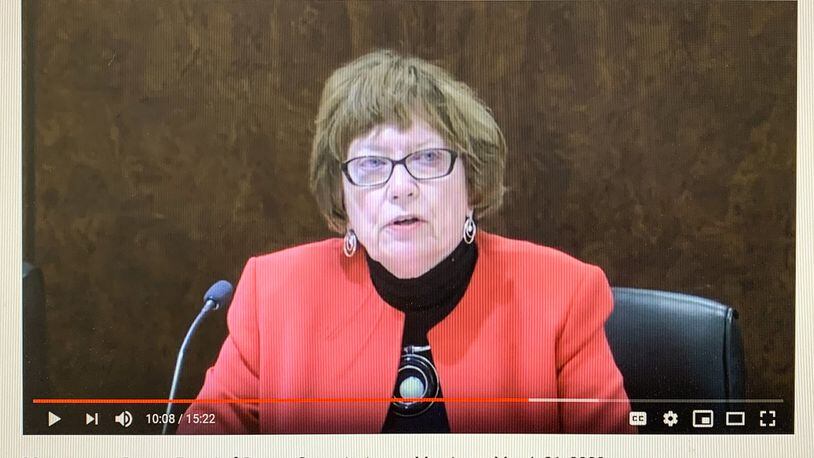Montgomery County Commission President Judy Dodge is seen via an online video during the March 31 commission meeting. The county is moving all meetings to a video conference platform during the coronavirus epidemic. CHRIS STEWART / STAFF