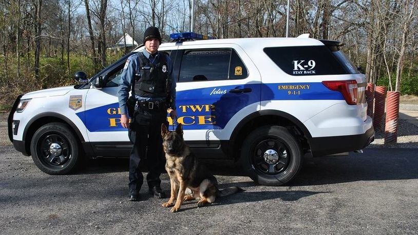 German Township Police Departmen Officer Dylan Jones and the department’s new K-9, named Idus, work together after certification with the State of Ohio in early January. CONTRIBUTED